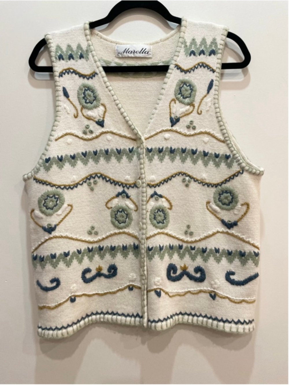 Vintage Marella Women Floral Embroidered Knit Vest L Cottagecore Grannie 90s